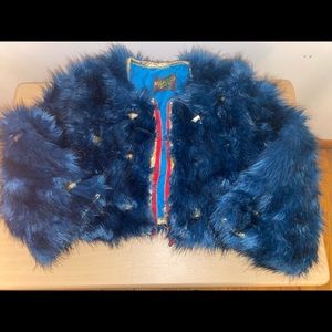 Blue Faux Fur Gold Pyramid Studded Jacket